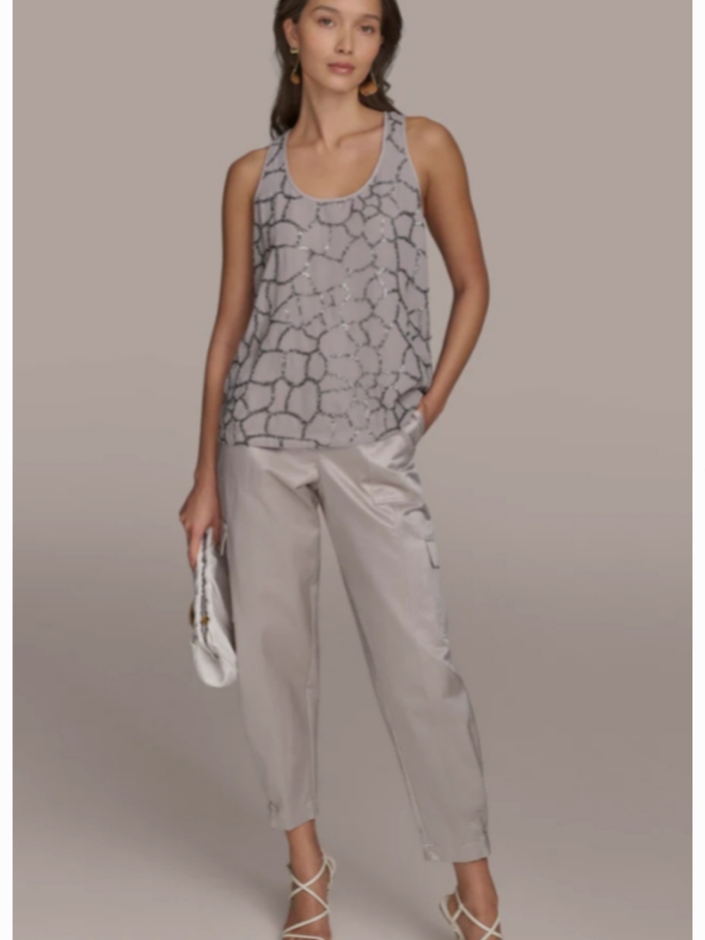 Donna Karan NewYork Beaded  Top Color CLAY With Siver Beading